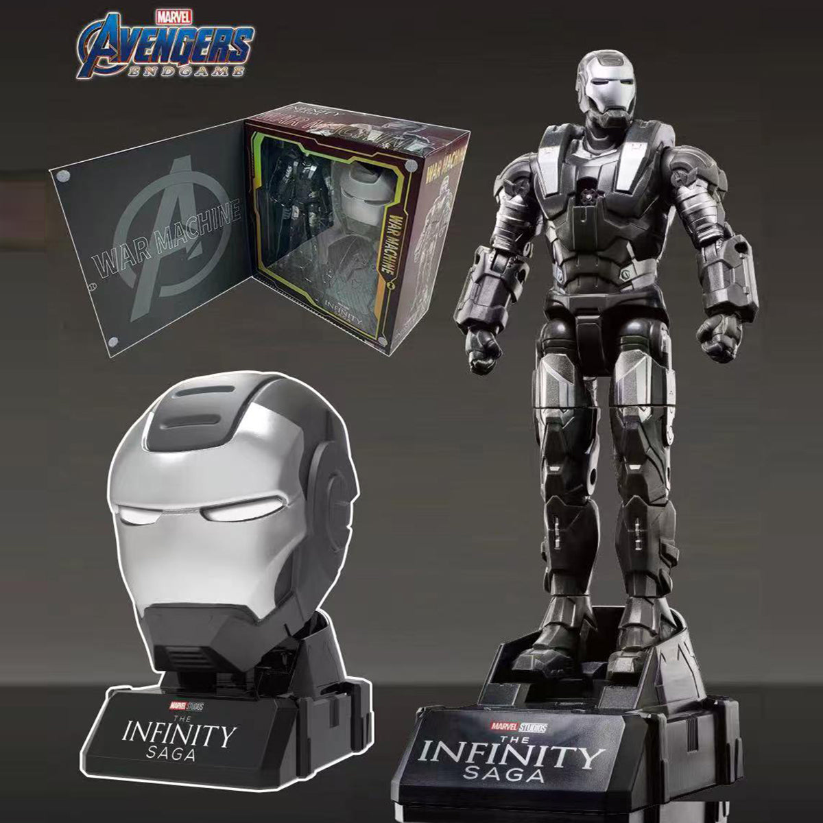 Marvel Transformer Toy Action Figure War Machine with Infinity Saga base and helmet display, ideal for collectors and Avengers fans.